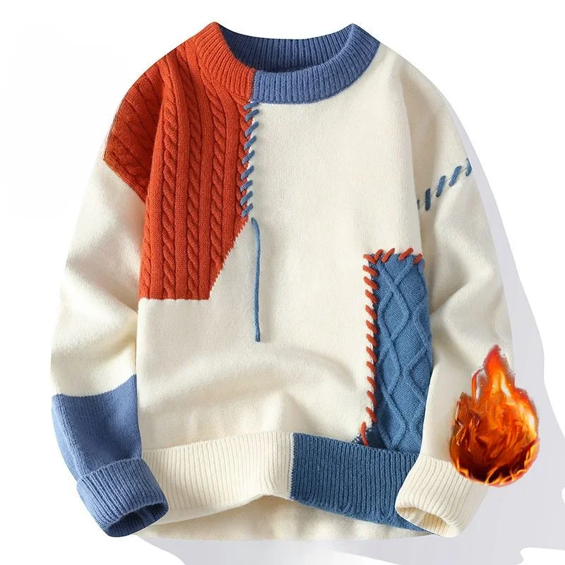 

Autumn and Winter Thick New Design Crew-neck Sweater Contrast Color Patchwork Casual Loose Sweater Men's Clothing Knitted