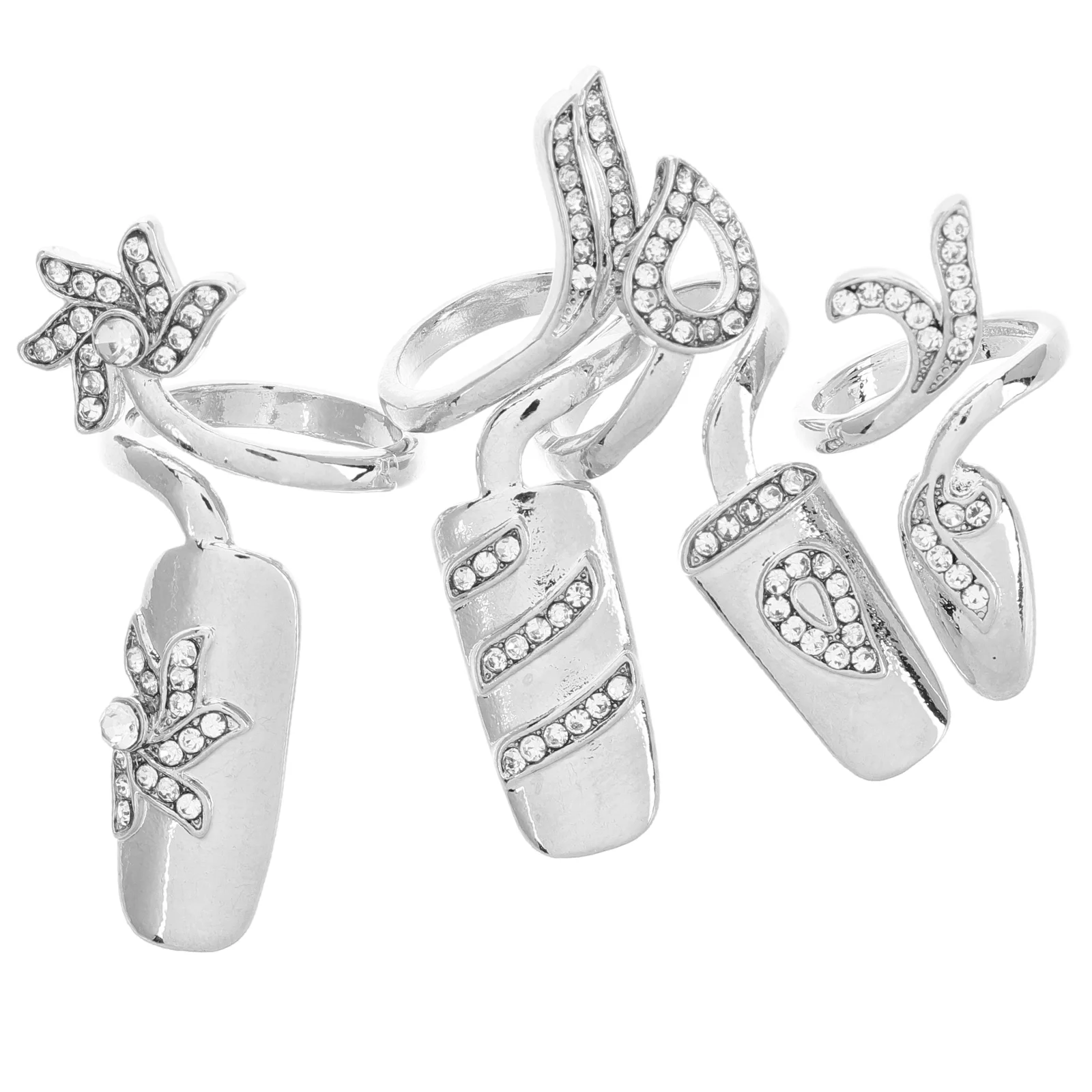 

1 Set/4 Pcs Women Nail Tips Patch Rhinestone Alloy Ring Multi-size Nail Caps for Ladies Women Party Home Manicure