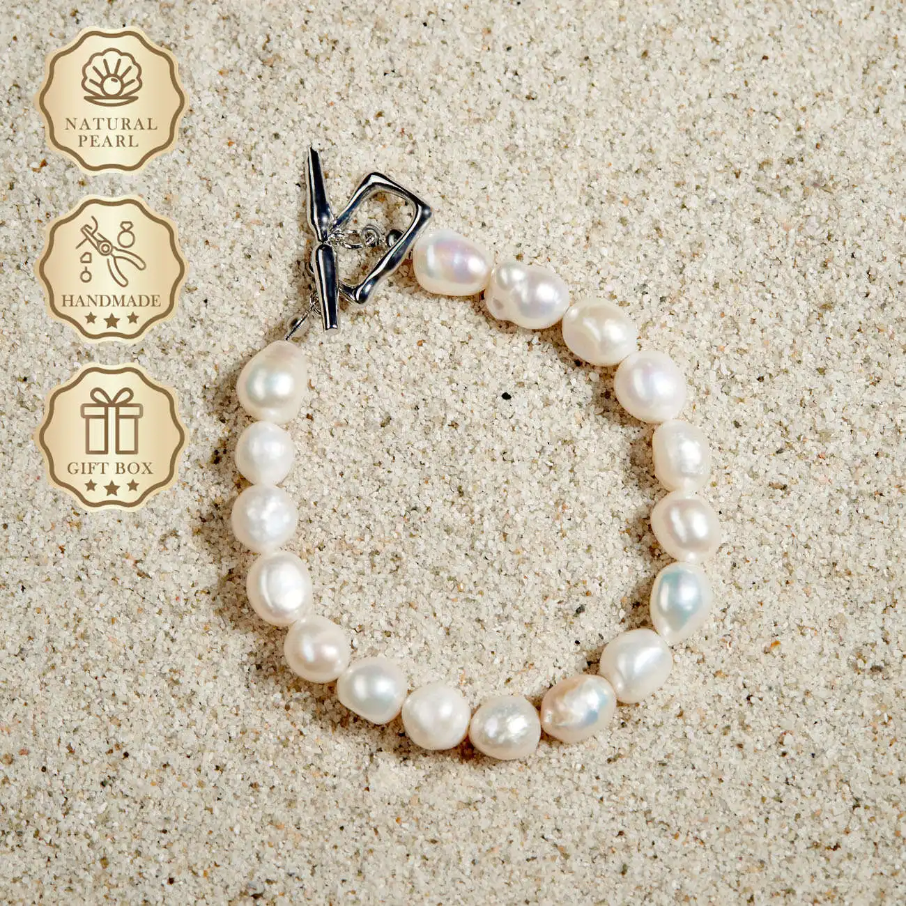 

MYSOYA White Baroque Freshwater Pearl Bracelet 8–9mm with Silver Square Clasp, Gift Box, Ideal Birthday & Anniversary Gift