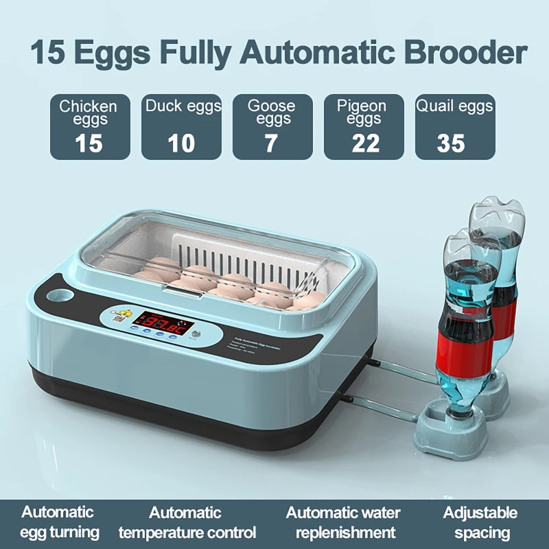 

15 Eggs Incubator Auto Turning Hatching Brooder Water Ion Replenishment Dual Electric Farm Bird Quail Chicken Poultry Hatcher
