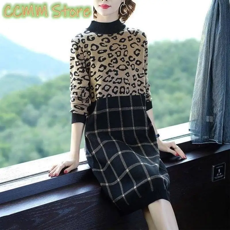 

Women's Clothing Half High Collar Midi Dress Chic Leopard Casual Patchwork Plaid Printed Autumn Winter Knitted Straight Dresses