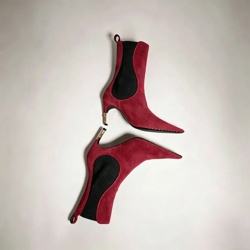 2026 New Low Heel Knee High Boots with Pointed Kitten Heels and Elastic Fabric Autumn and Winter Fashionable Mid Length Boots
