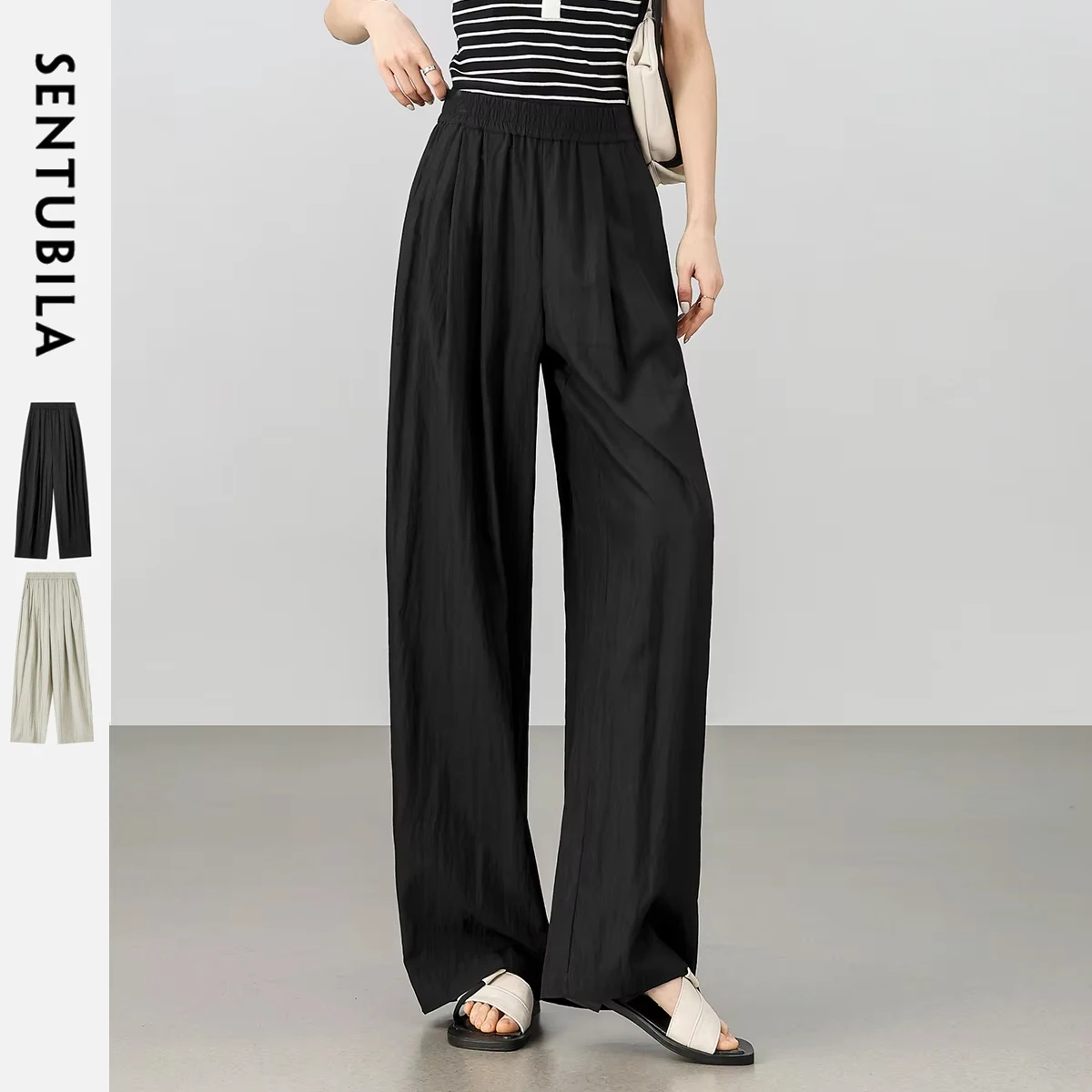 

SENTUBILA Casual Women Pants 2025 Commuting Elastic Waist Pockets Loose Full-length Pants Folds Female ThinTrousers 152K58178