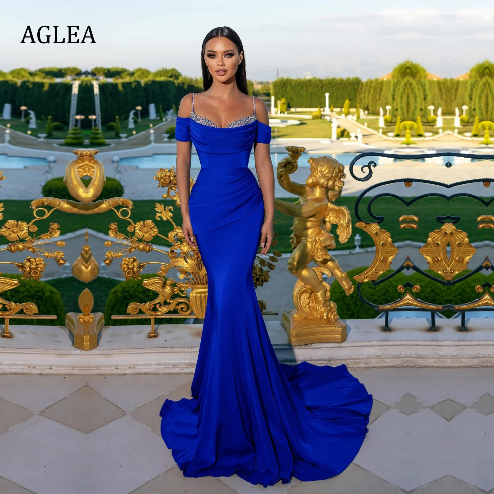 AGLEA-Robe de Soirée Élégante pour Femme, Tenue de Bal, Courte, Traîne, Plis Spaghetti, Fourreau Sirène, Bleu