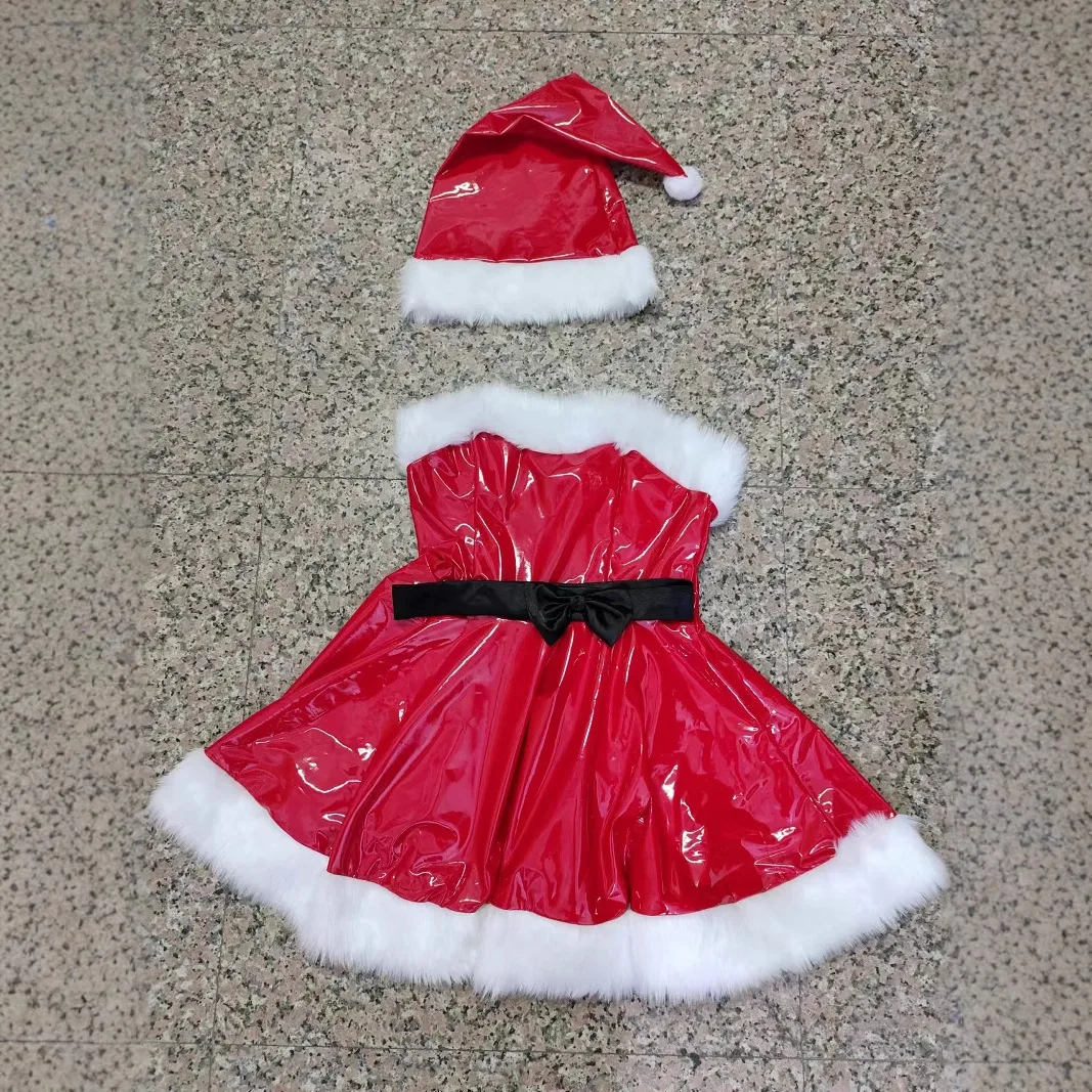 S-L مثير المرأة عيد الميلاد سانتا كلوز الحمالات تأثيري ازياء عيد الميلاد حفلة براءات الاختراع والجلود ألف خط فستان مع قبعة كلوبوير
