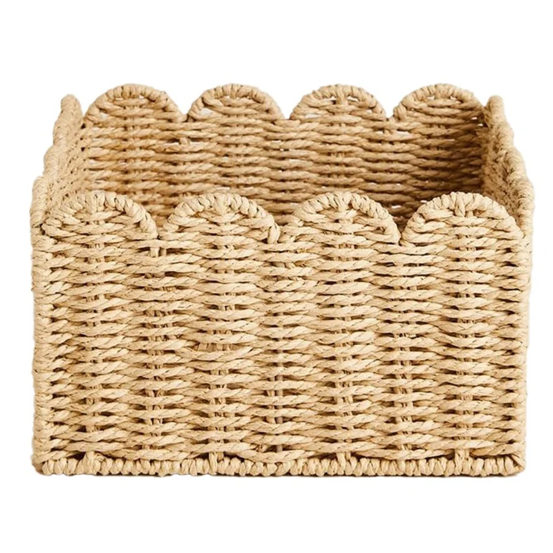 

1 PCS Scalloped Edge Basket, Wicker Storage Baskets, As Shown Handwoven Organizing Baskets For Shelves, Paper Rope Design