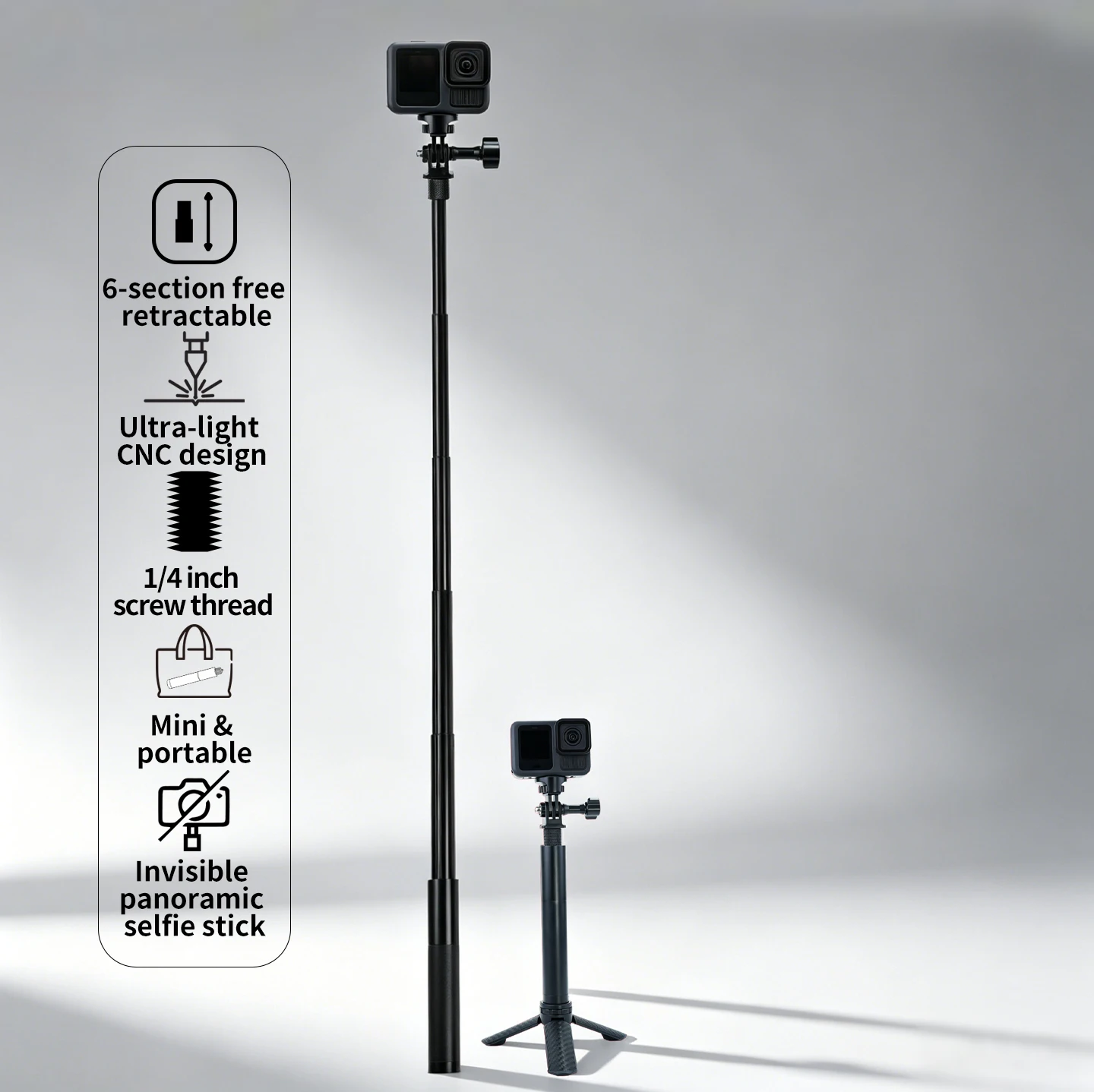 6-teiliger ausziehbarer 0,7m unsichtbarer Selfie-Stick, Panorama-Kamera-Aluminium-Monopod für Insta360 X6 X5 GoPro Max DJI Osmo 360 II – Detail 2