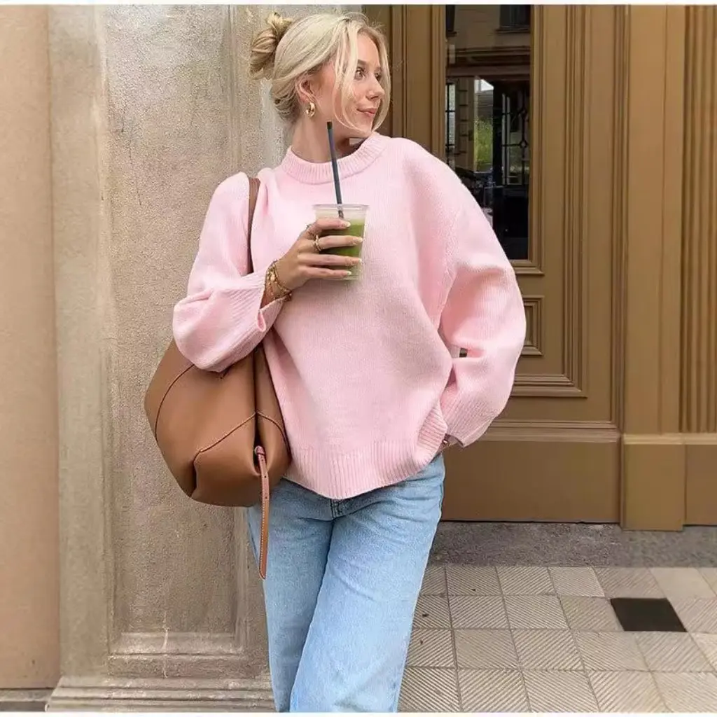 

Pink Sweet round Neck Pullover Sweater European American Style Winter New Hot Women's Fashion Top
