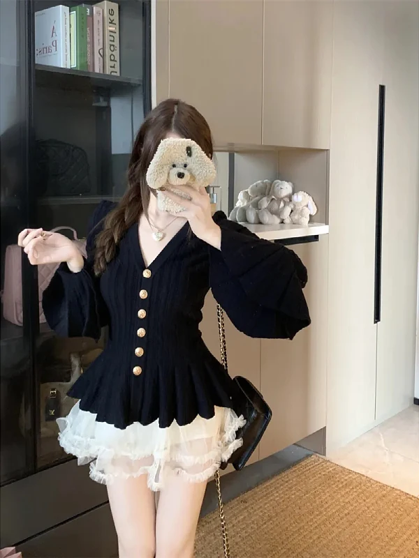 

Slimming Large Size Faionable Knitwear Cardigan Women's Autumn Winter Bell Sve Long Sve V Ne Single Button Closure