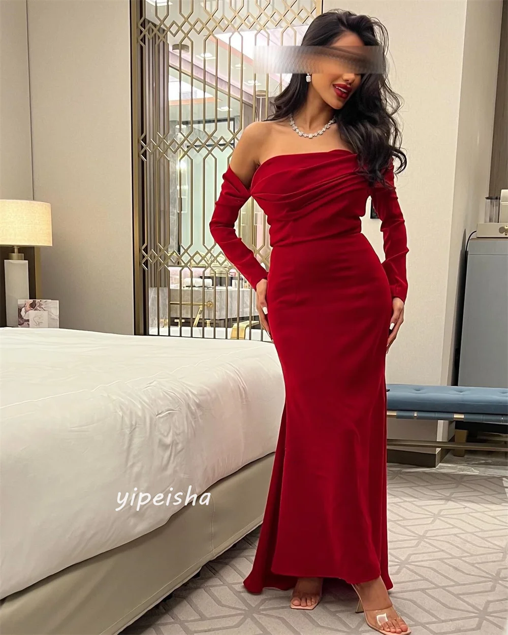 Jiayigong  Jersey Draped Pleat  A-line Off-the-shoulder Bespoke Occasion Gown Long Sleeve Dresses Saudi Arabia