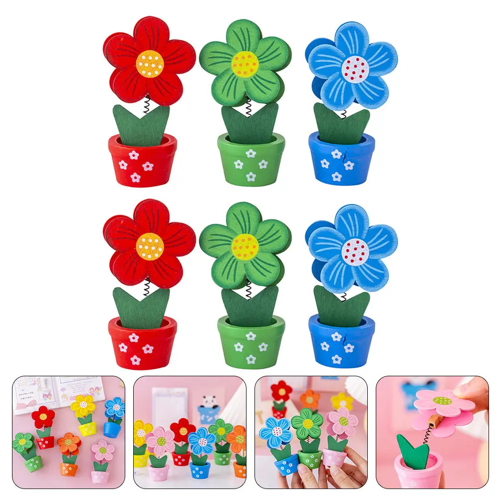 6Pcs High Grade Wooden Photo Clip Flower Pot Design Memo Holder Note Clamp Desktop Organizer Picture Folder Multipurpose Wooden