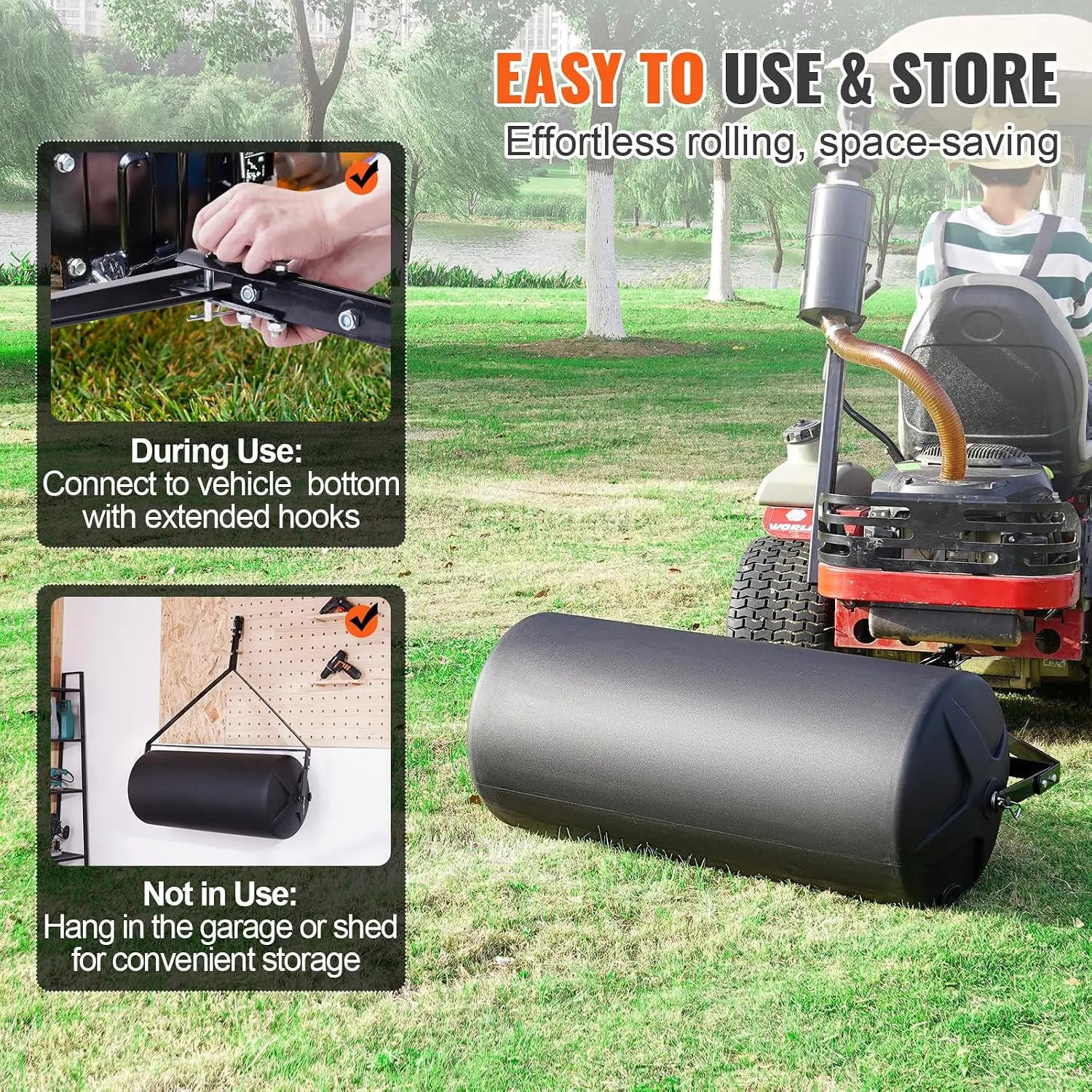 Tow Behind Lawn Roller, 400lbs Sand/Water Filled Yard Roller, LLDPE Drum and Steel Frame Sod Roller with Easy-Turn Plug, Tow Beh - view 3