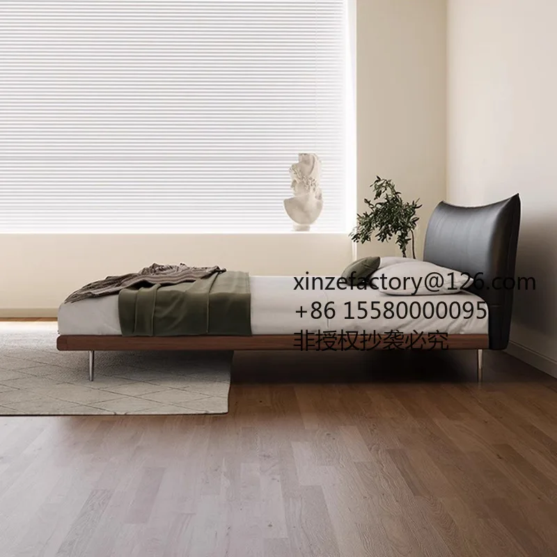 Factory Direct 2026 Top RatedBauhaus Medieval Solid Wood Leather Bed Italian Minimalist Style Black First Layer Cowhide Soft Bag