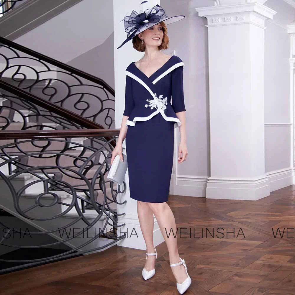 Customized Formal Women's Cocktail Party Gowns Column Bridal Dress Navy Blue and White V-neck 3 D flowers Ruffles Prom Dresses