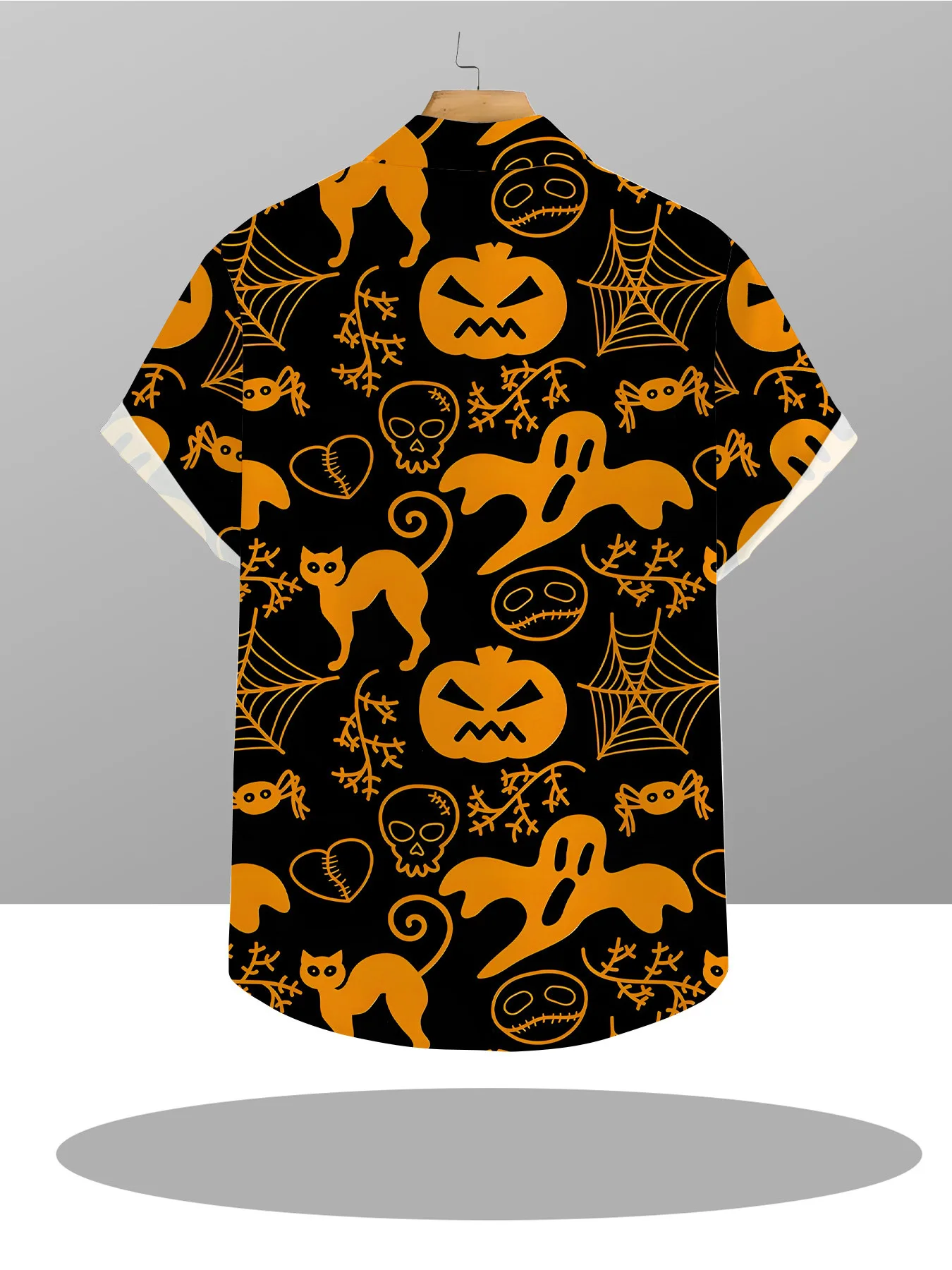 Men's Halloween Line Pumpkin Ghost Black Cat Spider Web Print Short Sleeve Camp Collar Shirt Beach Party Casual Top