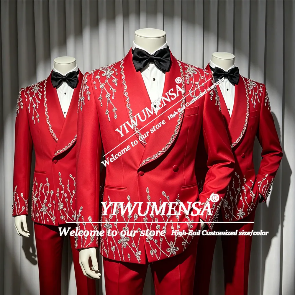 Luxury Crystal Beading Suit Men 2 Pieces Sets Double Breasted Jacket Pants Customized Groom Tuxedos Terno Masculinos Completo