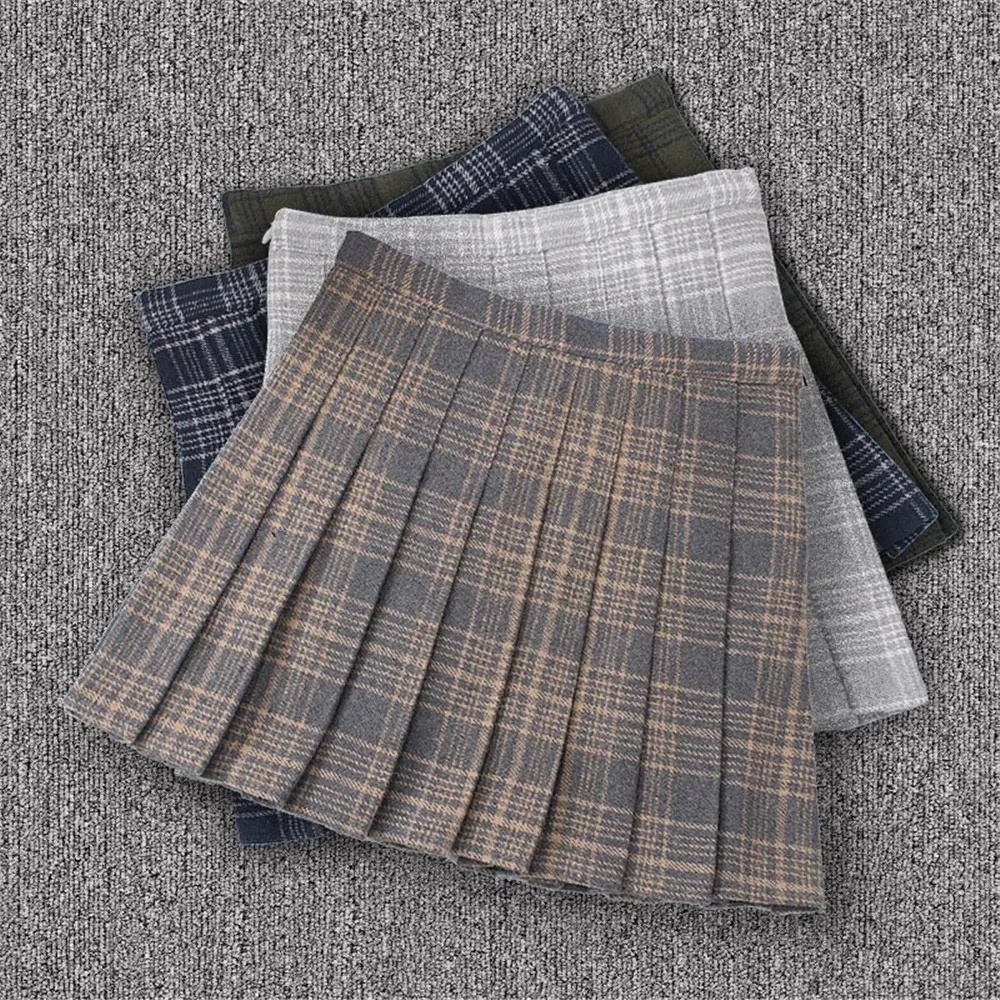 Winter Woolen Pleated Skirt Women High Waisted Mini Skirts Autumn Warm Ladies Plaid Short Skirt Black Gray A-Line Sexy Skirts