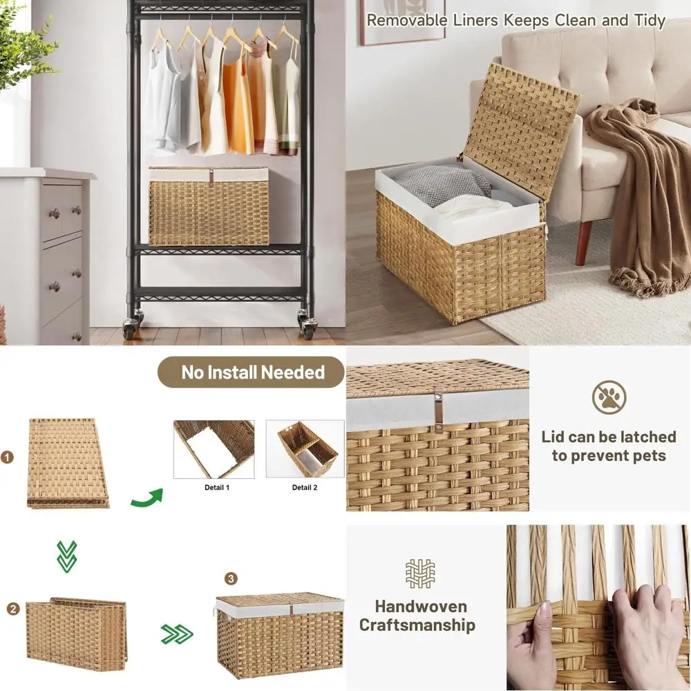 

Large 180L Rattan Storage Basket with Lid and Removable Liner for Home and Bedroom Use