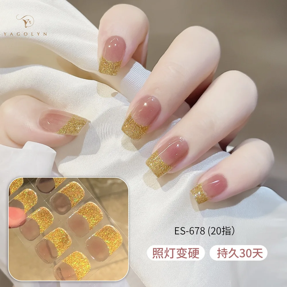 20Tips Nude Semi-Cured Gel Nail Patch Slider Adhesive Waterproof Long Lasting Aurora Full Cover Gel Nail Stickers UV Lamp Needed