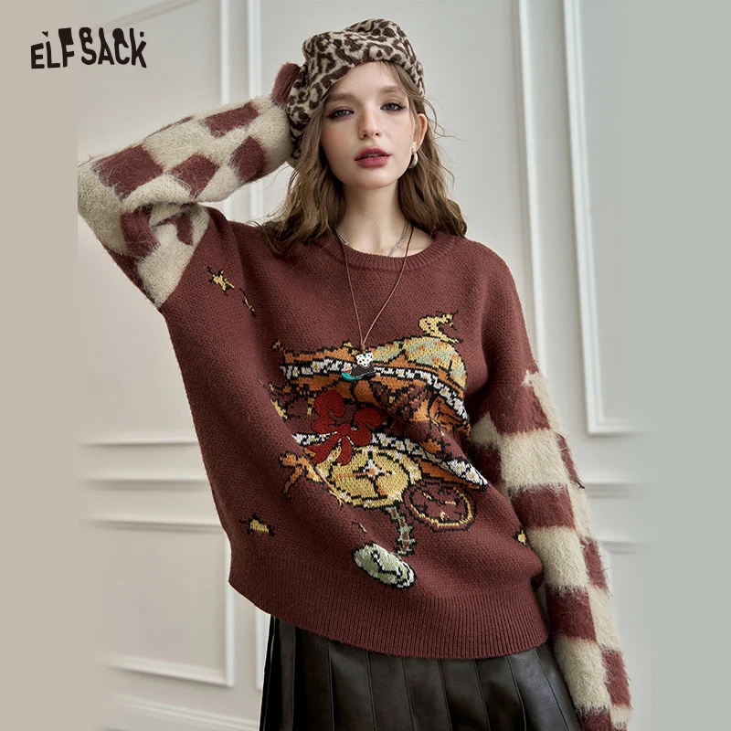 

ELFSACK 2024 Winter New Arrivals Retro checkerboard jacquard sweater for women, plush loose soft and sticky top