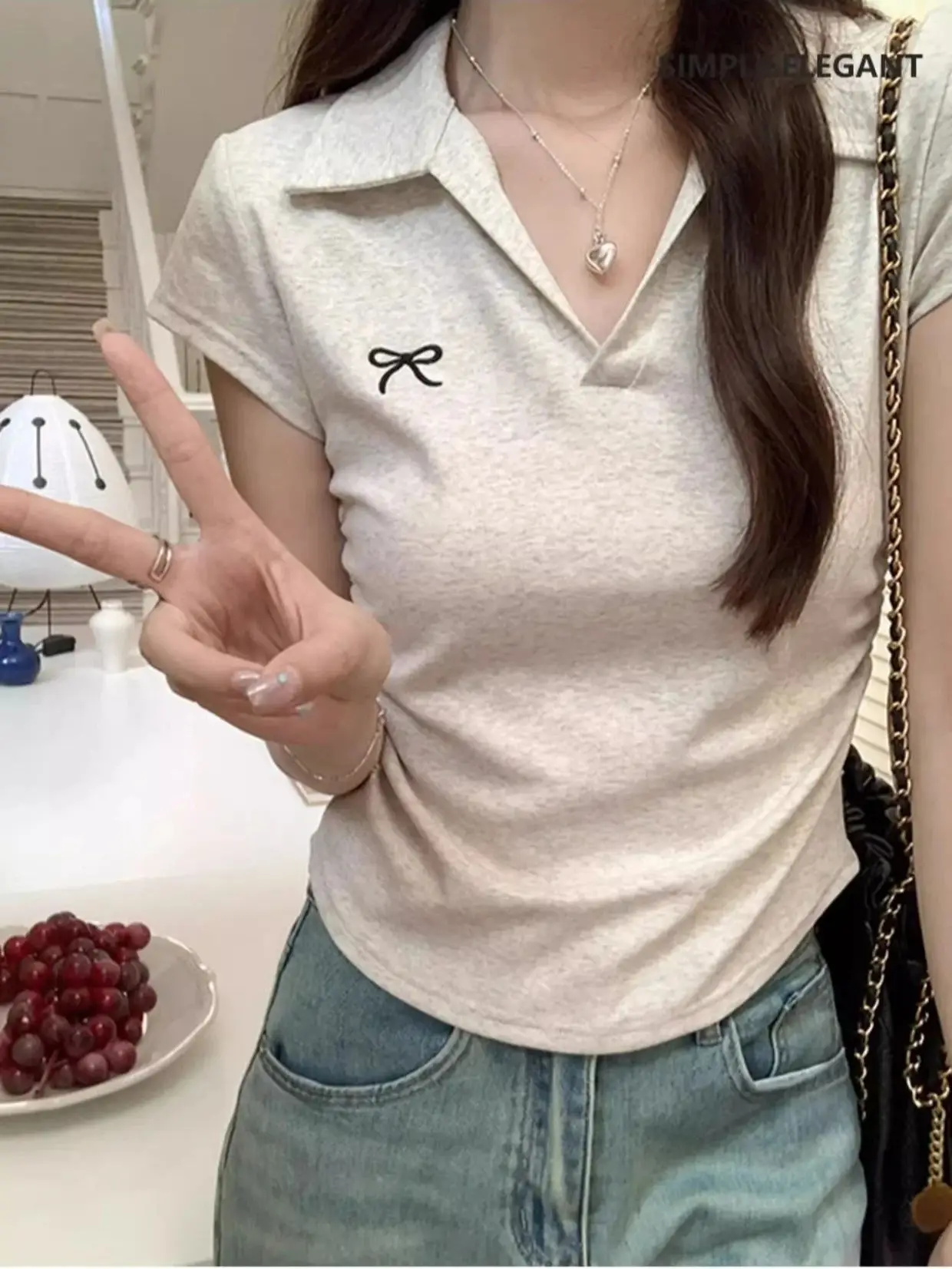 T-shirt Women's Top Polo Neck Bow Embroidered Pleated Waist-cinching Slimming S… - Image 3