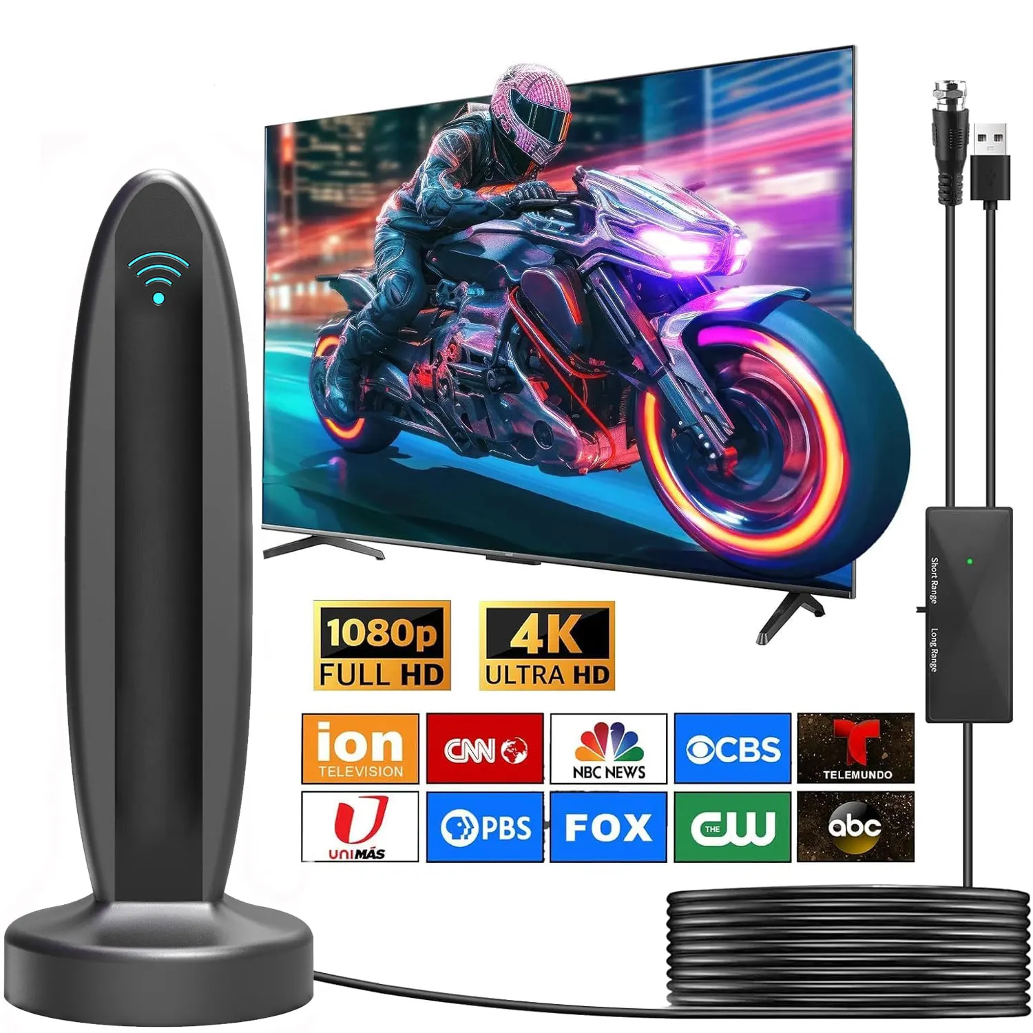 Antena de TV Ultrafina para Interiores y Exteriores, Alcance de Más de 900 Millas, Antena Digital HD 4K/8K, Diseño Discreto para Zonas Rurales y Suburbanas