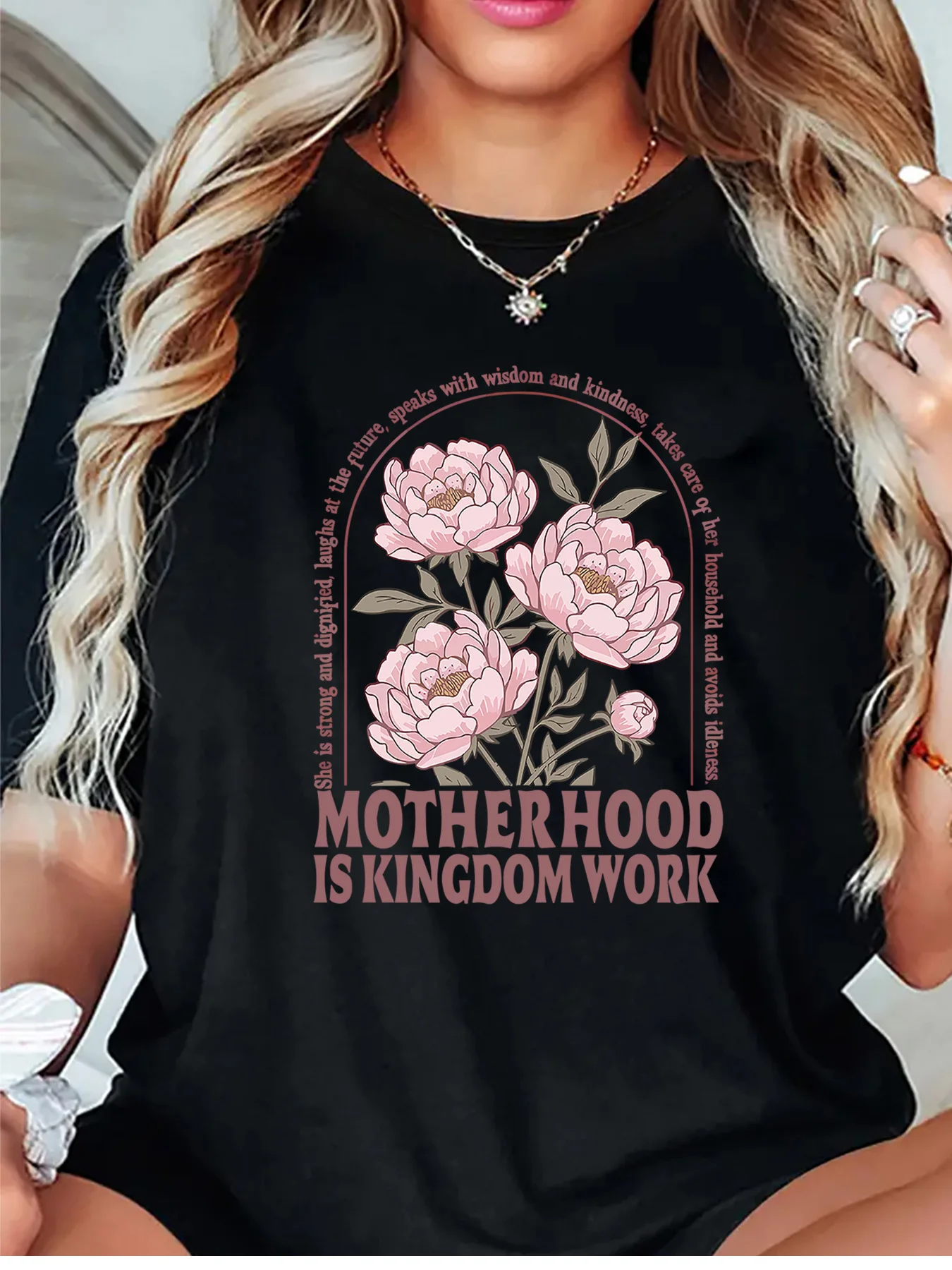 Motherhood Is Kingdom Work Pink Peony Floral Art Graphic Womens T Shirt Short Sleeve Crew Neck Daily Casual Ladies Tee Tops