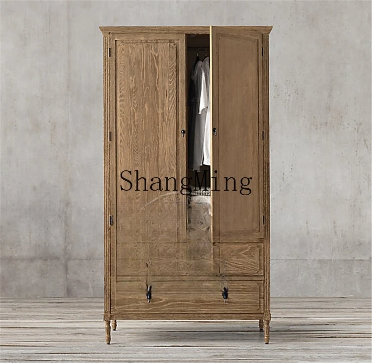 FG good-looking  rustic solid wood double door wardrobe retro oak locker wardrobe furniture