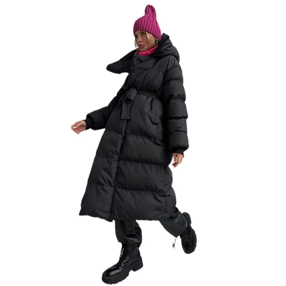 Long Women's Cotton-padded Jacket 2025 Winter Warm Thick Dark Button Long Hooded Cotton-padded Jacket Coat