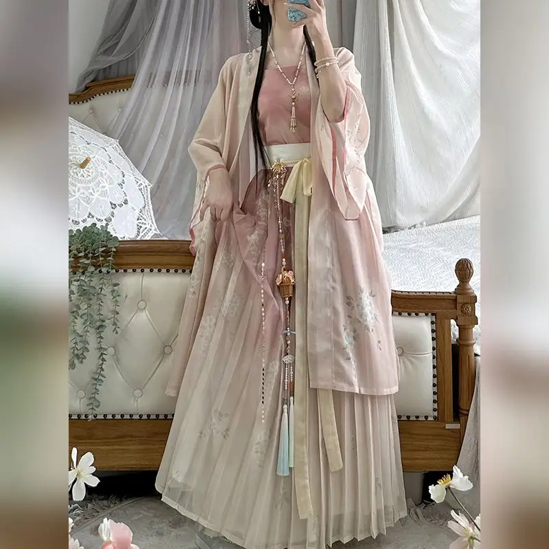 Chinese Style Hanfu Dress Set Women Traditional Elegant Flower Print Princess Dress Female Vintage Sweet Dance Stage Costumes