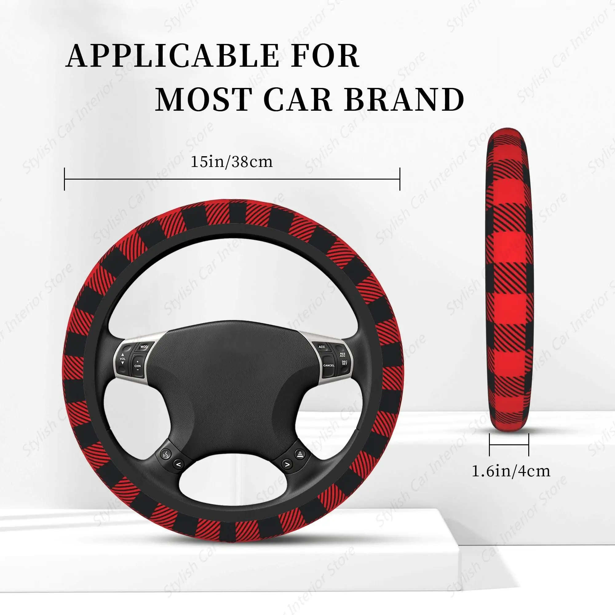 Christmas Buffalo Plaid Steering Wheel Cover, Elastic Non-Slip Steering Wheel Protector,Auto Interior Decor for Women Girls