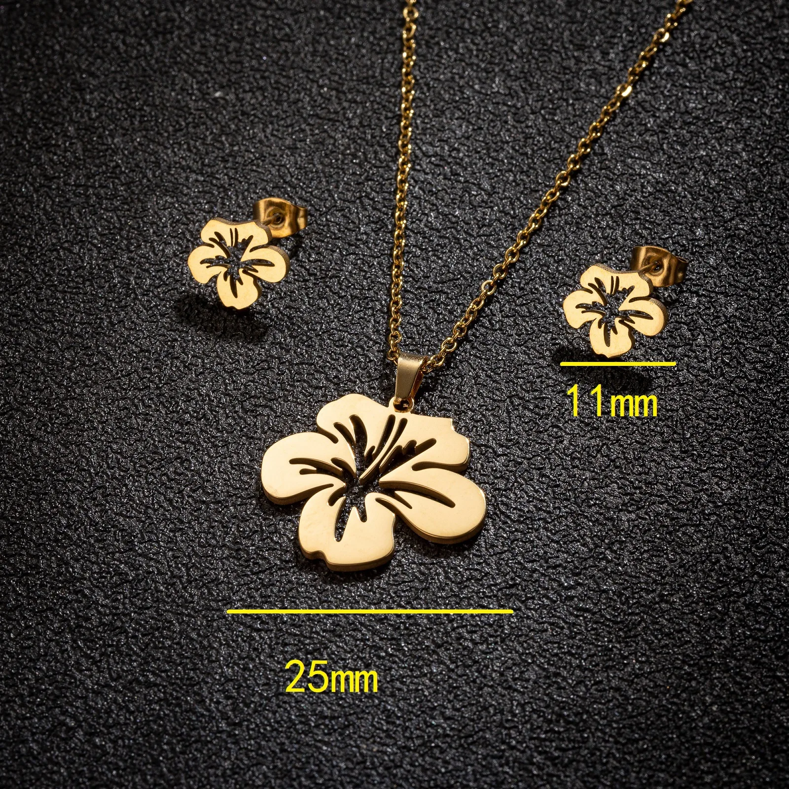 South American smooth stainless steel jewelry fashion versatile flower stamen necklace earrings jewelry set women's three-piece