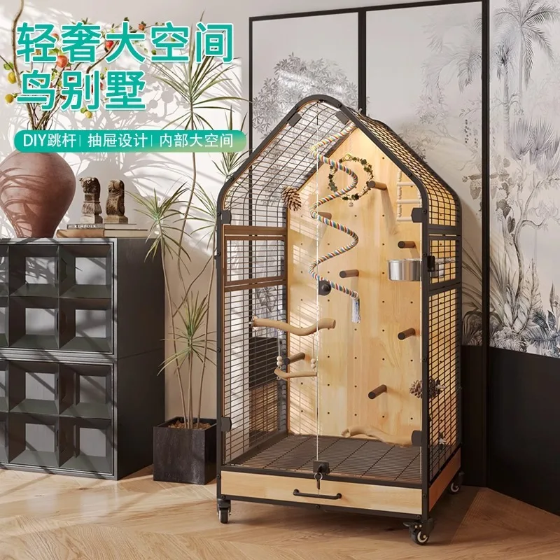 

Parrot bird cage panoramic view luxury medium and large bird villa breathable movable high quality DIY solid wood bird nest stan