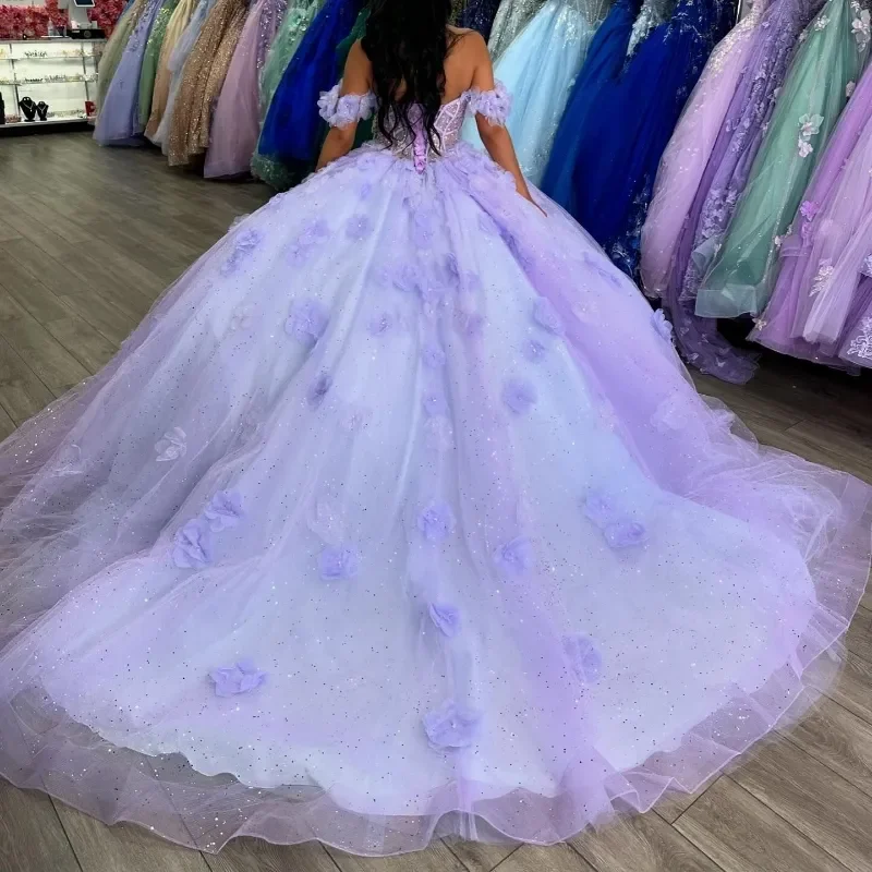 Lila glänzendes Quinceanera-Kleid, Ballkleid, individuell gestaltetes Perlen-Blumen-Tüll-Korsett, Geburtstagsfeier, Sweet 16, Vestido De 15 Anos