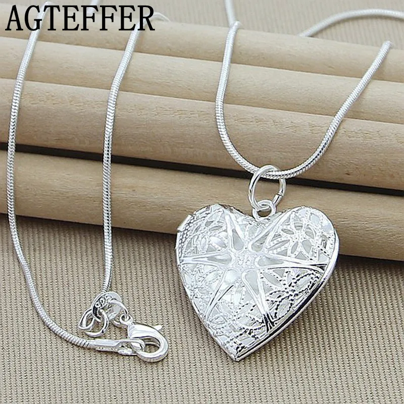 925 Sterling Silver Heart Photo Frame Pendant Necklace 18 Inch Snake Chain For Woman Charm Wedding Fashion Jewelry Gift