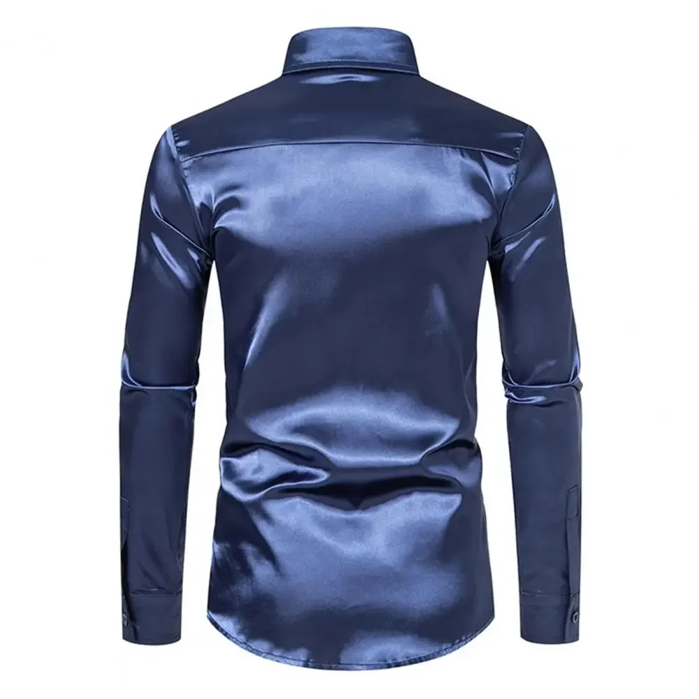 

Breathable Shirt Smooth Silky Satin Men's Formal Business Shirt with Long Sleeve Turn-down Collar Single-breasted for Club