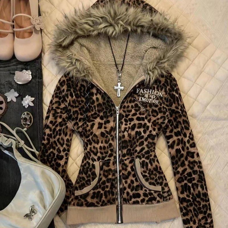 

Куртка Y2K в стиле Hot Girl, винтажный свитшот с леопардовым принтом в стиле Харадзюку, женская толстовка на молнии с меховым воротником в готическом стиле, американский топ в стиле Hottie