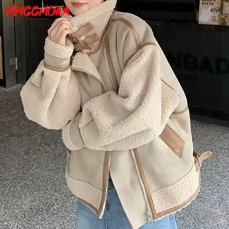 

MNCCMOAA-Thick Faux Lambswool Jackets Women Vintage Patchwork Coats Female Loose Warm Outwear High Quality Winter Fashion 2024