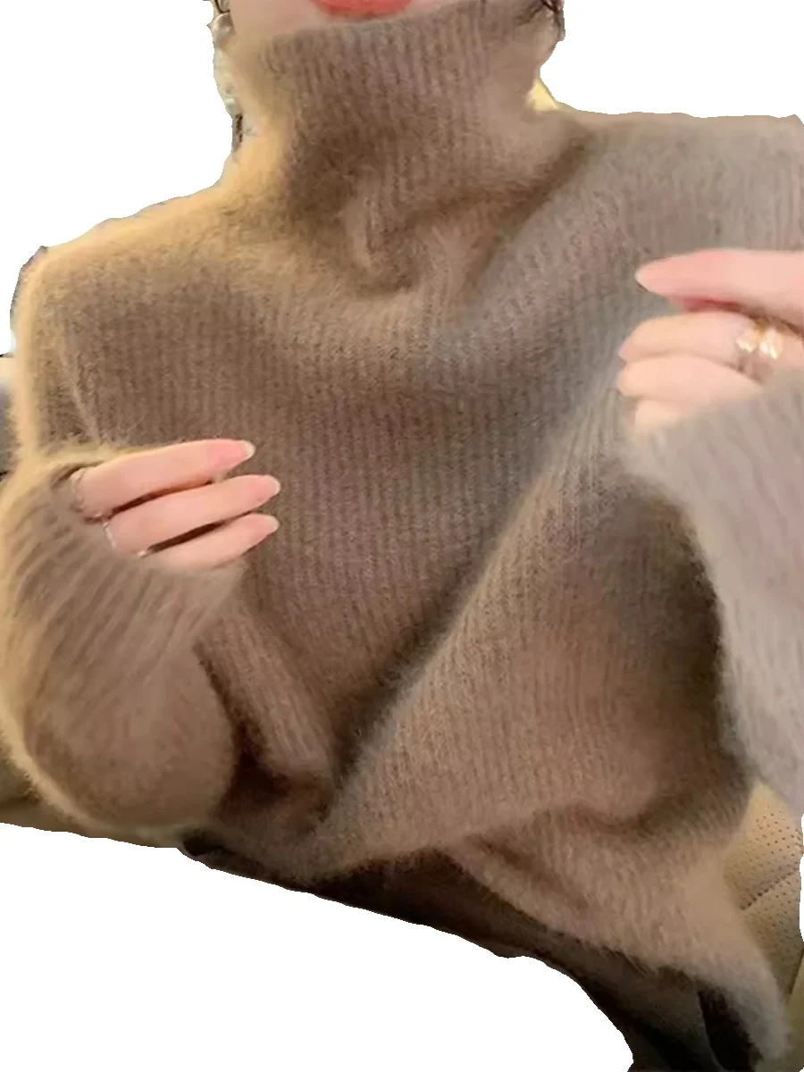 100% puro cashmere collo alto da donna vento pigro morbido ceroso ispessimento con top maglione a maniche lunghe tinta unita.