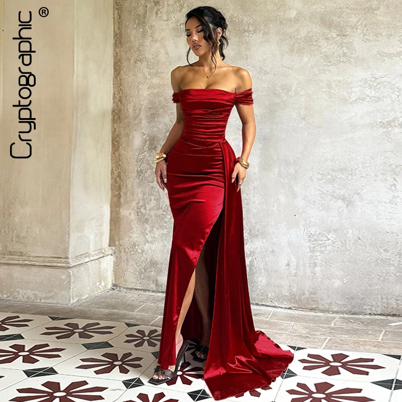 

Cryptographic Vintage High Waist Split Prom Gown Elegant Satin Ruched Sexy Backless Strapless Party Cocktail Dresses Outfits