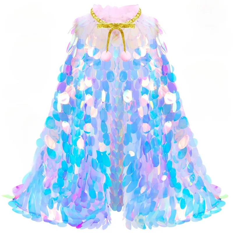 Shiny Fish Scale Cape & Mermaid Crown Set for Girls, Sequined Princess-Style Cape, Outfit Set for Birthday Photoshoots & Parties - view 4