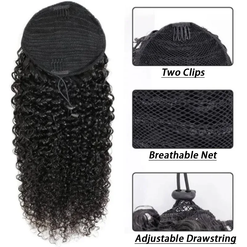 Onda Profunda Caudas De Cavalo Do Cabelo Humano, Onda De Água, Extensões De Cordão, Hairpiece Preto Natural, Clipe No Rabo De Cavalo, 14-26 em