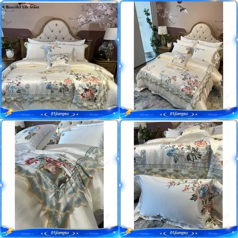 High Precision Brocade Egyptian Cotton Peony Embroidered Bedding Set Duvet Cover Sheet Bedspread Pillowcase Luxury Home