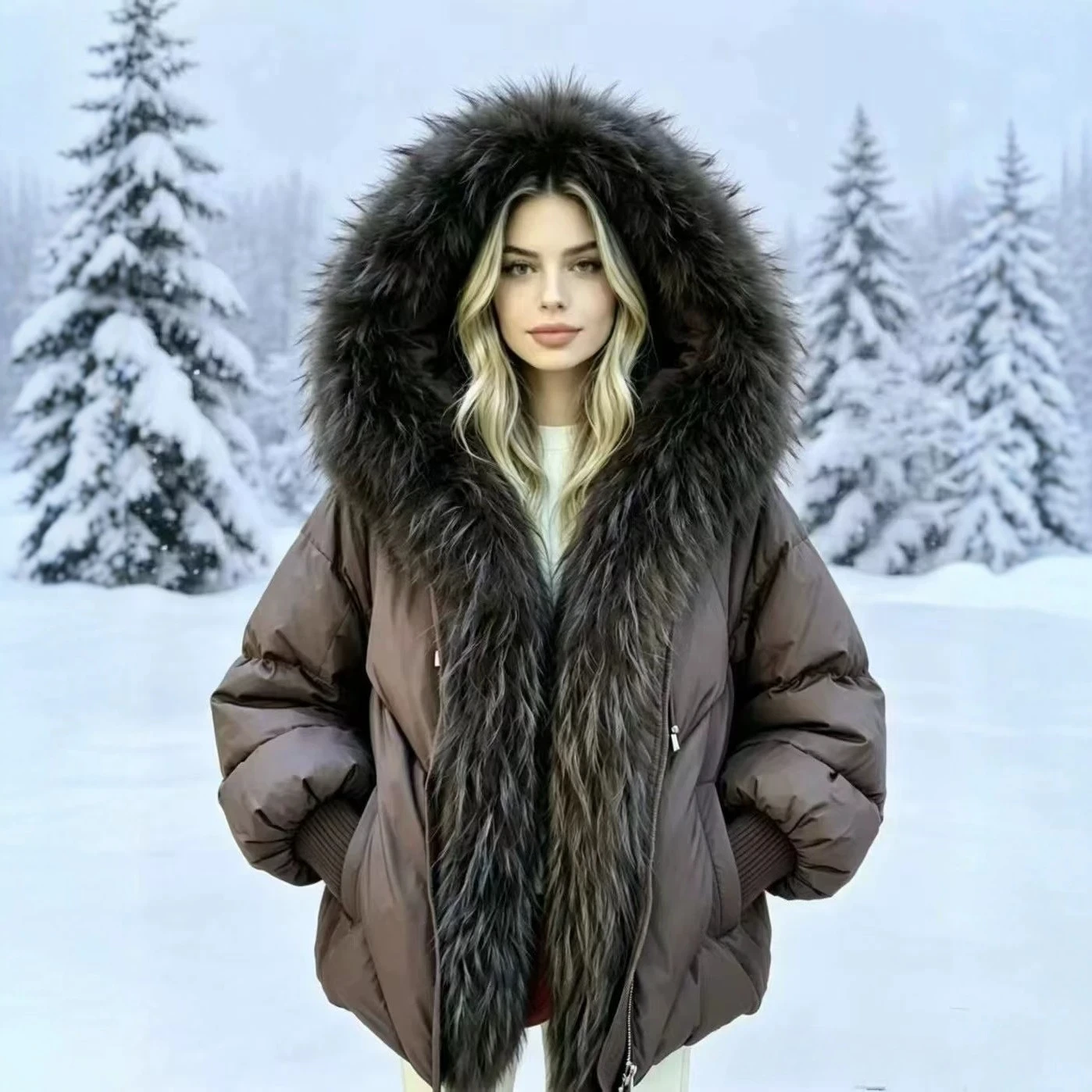 European Autumn and Winter New Women's Down Jacket with Fox Fur Patchwork Hooded Knitted Jacket