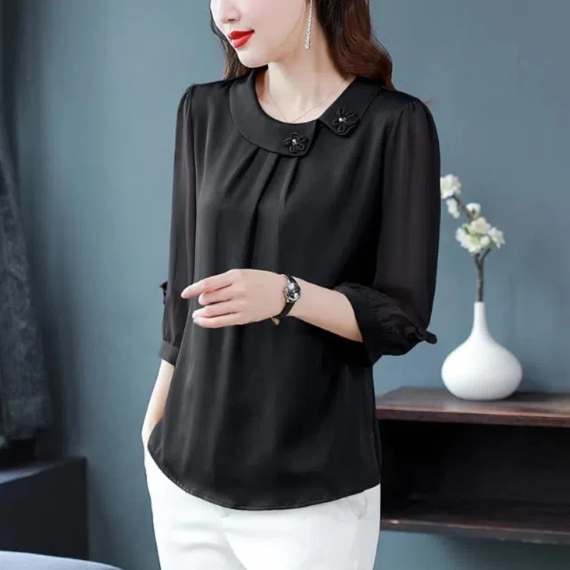 Women Clothing Temperament Chiffon Blouse Summer New Half Sleeve Solid Plus Size Loose Office Thin Shirt Tops Fashion Elegant