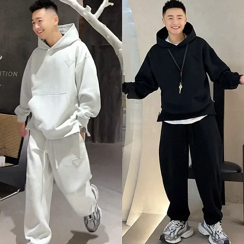 

Juspinice Autumn Top Solid Color Casual Pants Set for Men's Trendy Fashion Simple and Loose Hooded Sweatshirt Male Clothing