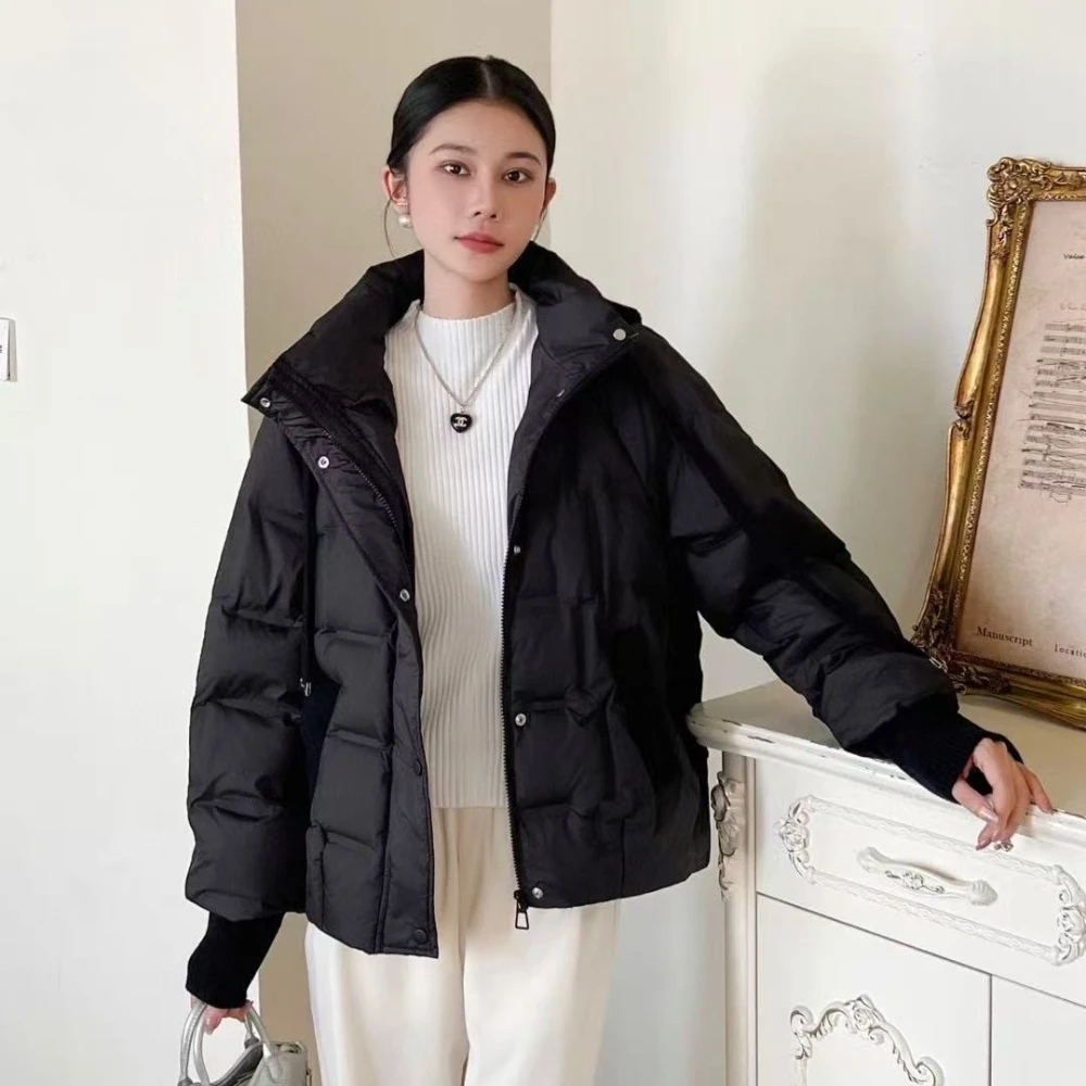 Women's Short Down Jacket with Detachable Hood and Duck Down Filled Quilted Insulated Outerwear for Street Style Everyday Wear