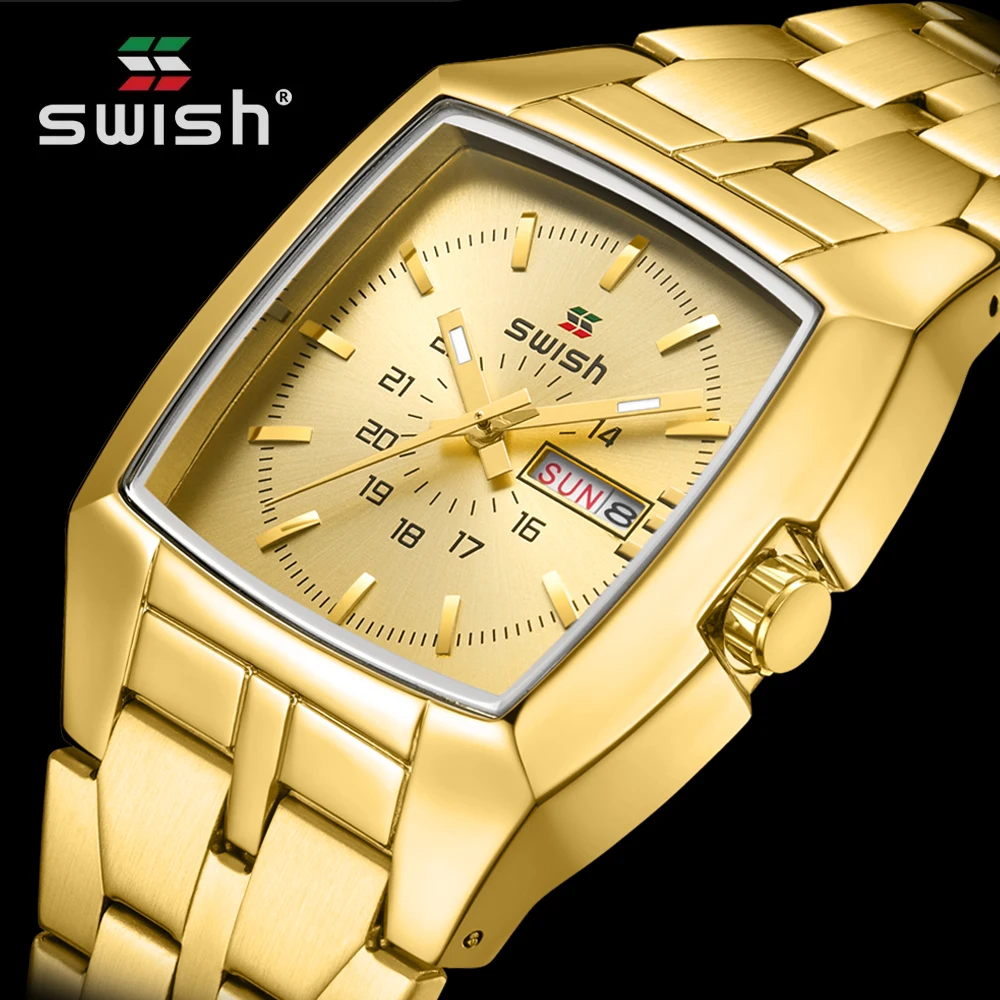 

SWISH Square Luxury Watch for Men Quartz Movement Gold Dial Weekday Date Relogio Masculino Business Wristwatch Waterproof Luxury