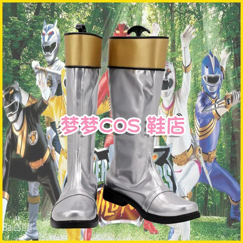 Anime Hyakujuu Sentai Gaoranger Gao Silver Cosplay Shoes Silver Long PU Leather Flat Sole Boots For Halloween Carnival