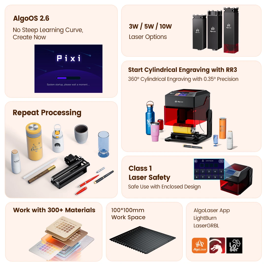 AlgoLaser PIXI Laser Engraver With RR3 Electric Rotary Roller Kit, 360° Cylindrical Engraving, 3W/5W/10W Diode Laser Cutter, Enclosed Desktop Engraving Machine For Tumbler Glass Cup DIY Gift Making